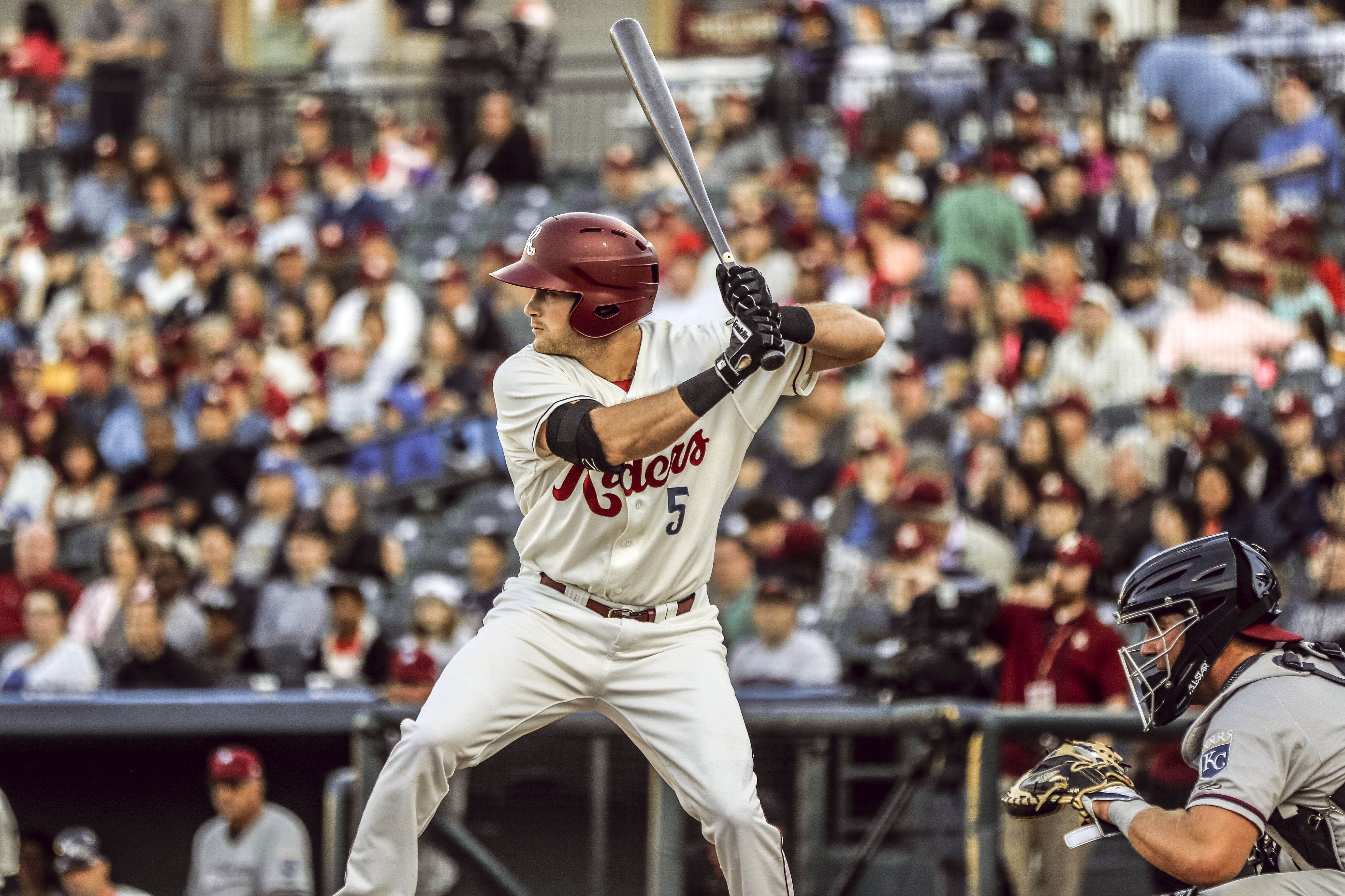 A Frisco Rough Riders player is up to bat.